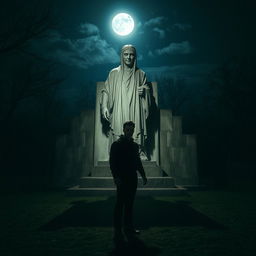 A chilling night scene featuring a man standing in front of a haunting statue under a moonlit sky