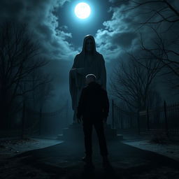 A chilling night scene featuring a man standing in front of a haunting statue under a moonlit sky