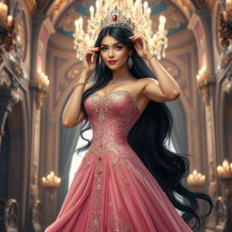 A stunningly beautiful princess with an athletic and curvaceous body similar to actress Asin, wearing an elegant flowing gown adorned with intricate embroidery and jewels