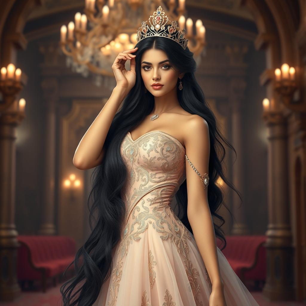 A stunningly beautiful princess with an athletic and curvaceous body similar to actress Asin, wearing an elegant flowing gown adorned with intricate embroidery and jewels