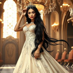 A stunningly beautiful princess with an athletic and curvaceous body similar to actress Asin, wearing an elegant flowing gown adorned with intricate embroidery and jewels