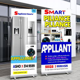 A striking outdoor banner design for Shop Smart Appliance, showcasing a wide range of modern appliances including refrigerators, washing machines, and kitchen gadgets