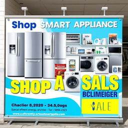 A striking outdoor banner design for Shop Smart Appliance, showcasing a wide range of modern appliances including refrigerators, washing machines, and kitchen gadgets