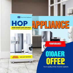 A striking outdoor banner design for Shop Smart Appliance, showcasing a wide range of modern appliances including refrigerators, washing machines, and kitchen gadgets