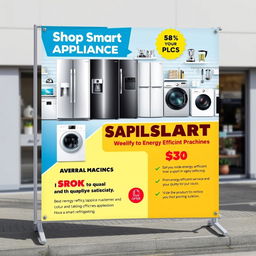 A striking outdoor banner design for Shop Smart Appliance, showcasing a wide range of modern appliances including refrigerators, washing machines, and kitchen gadgets