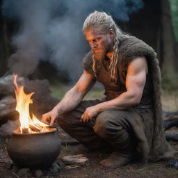 A close-up depiction of a Viking, flexible in gender and ethnicity, kneeling by a petite fire. They hold a clay pot brimming with smoldering tinder fungus, meticulously pouring liquid into it. Their expression manifests intense focus and determination.