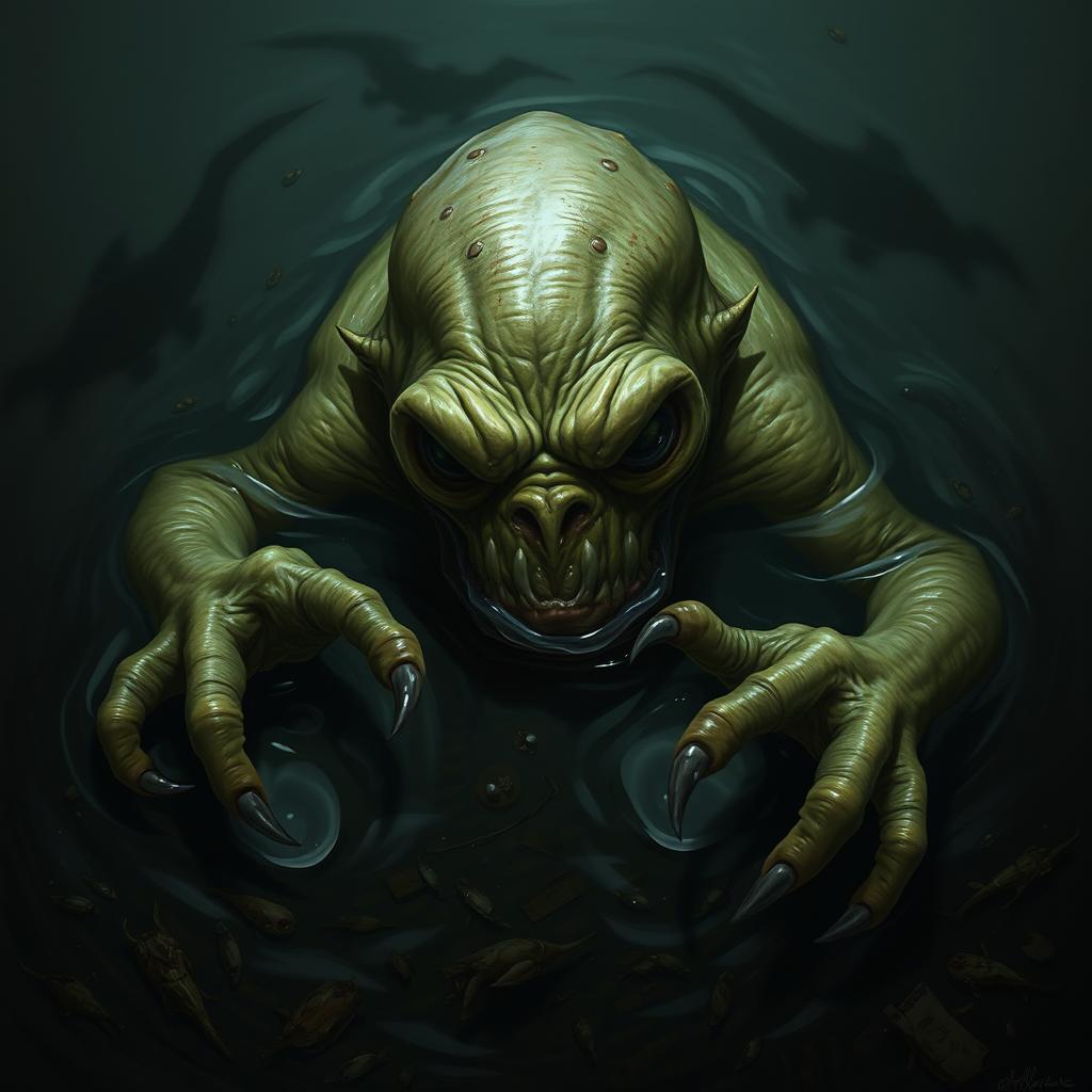 A sinister Skum creature lurking in the murky waters, its grotesque features partially hidden beneath the surface