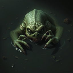 A sinister Skum creature lurking in the murky waters, its grotesque features partially hidden beneath the surface