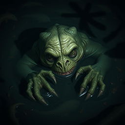 A sinister Skum creature lurking in the murky waters, its grotesque features partially hidden beneath the surface