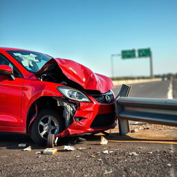 A striking red car with a severely smashed front end is depicted in a dramatic scene, having crashed into a guardrail