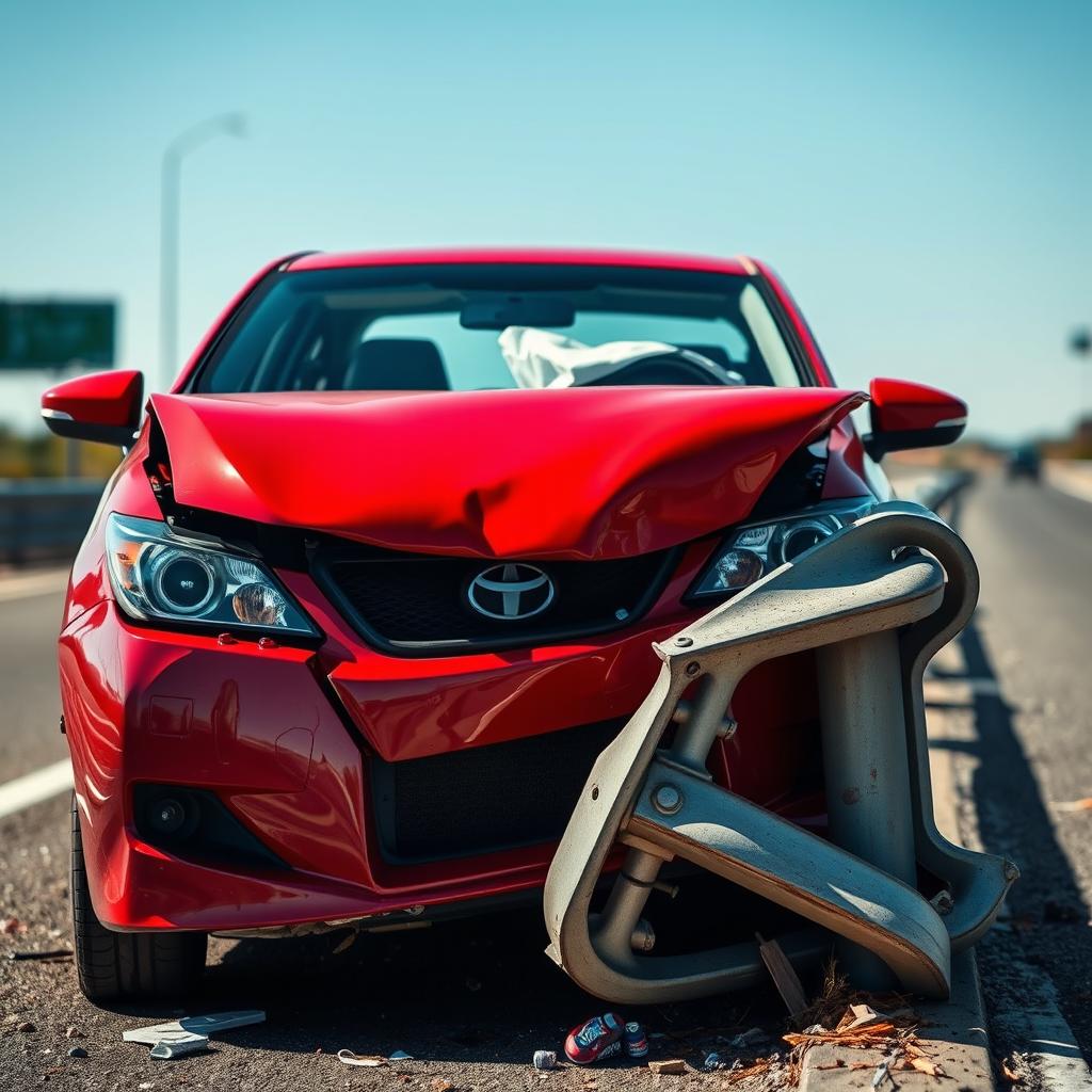 A striking red car with a severely smashed front end is depicted in a dramatic scene, having crashed into a guardrail