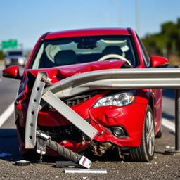 A striking red car with a severely smashed front end is depicted in a dramatic scene, having crashed into a guardrail