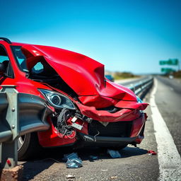 A striking red car with a severely smashed front end is depicted in a dramatic scene, having crashed into a guardrail