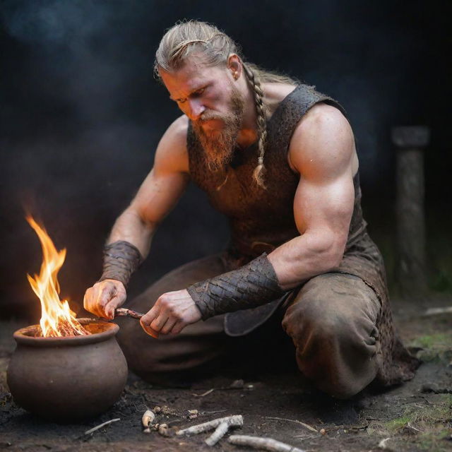 A close-up depiction of a Viking, flexible in gender and ethnicity, kneeling by a petite fire. They hold a clay pot brimming with smoldering tinder fungus, meticulously pouring liquid into it. Their expression manifests intense focus and determination.