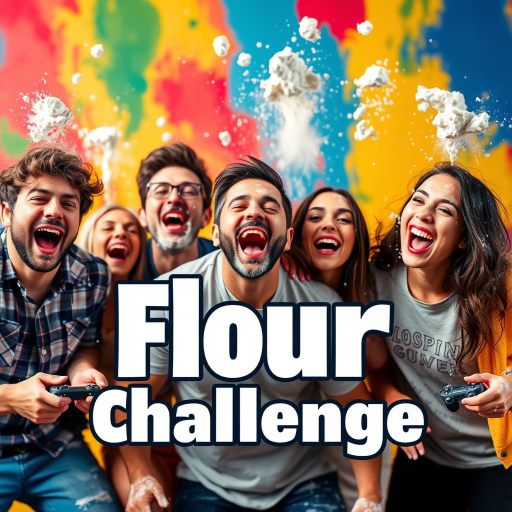 A vibrant and playful YouTube thumbnail featuring several people laughing and having a fun time with flour being thrown in the air