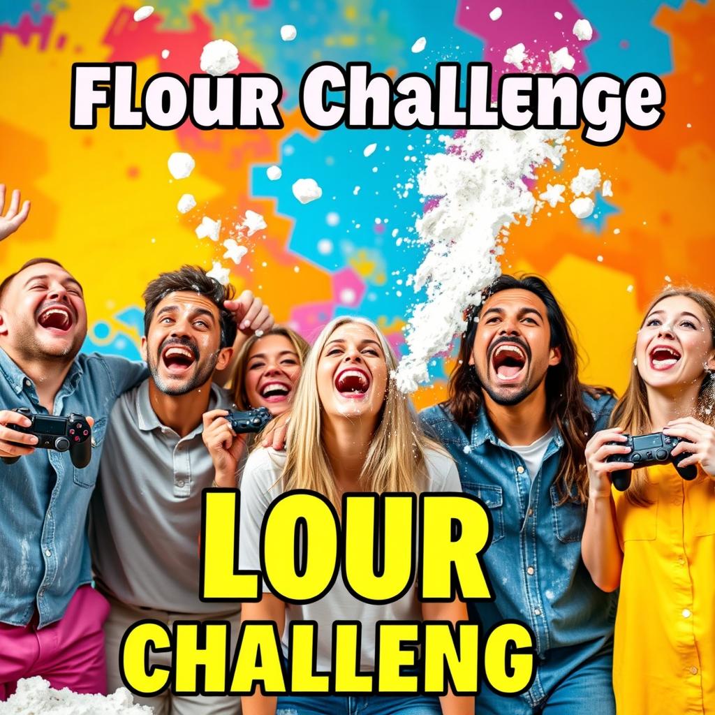 A vibrant and playful YouTube thumbnail featuring several people laughing and having a fun time with flour being thrown in the air