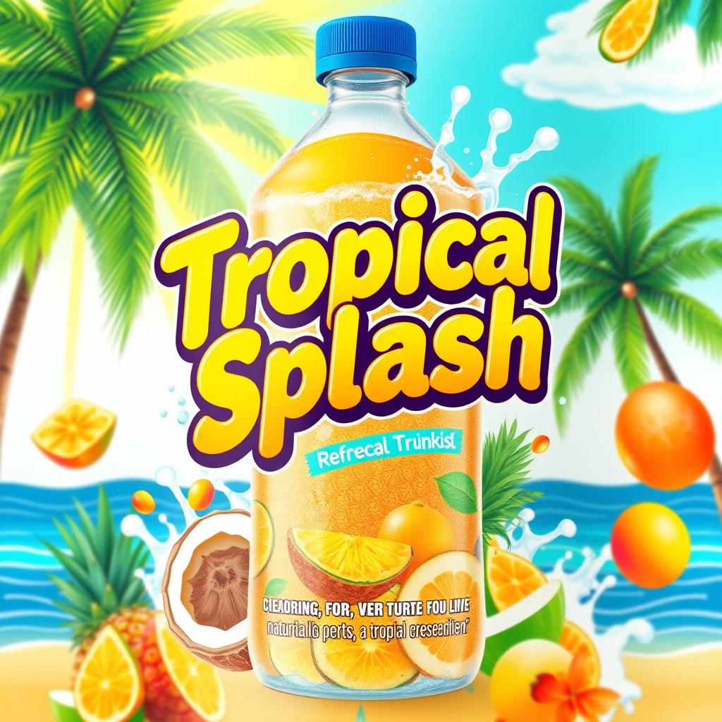 A vibrant and attractive product label design for 'Tropical Splash', featuring a refreshing drink that evokes the essence of a tropical paradise