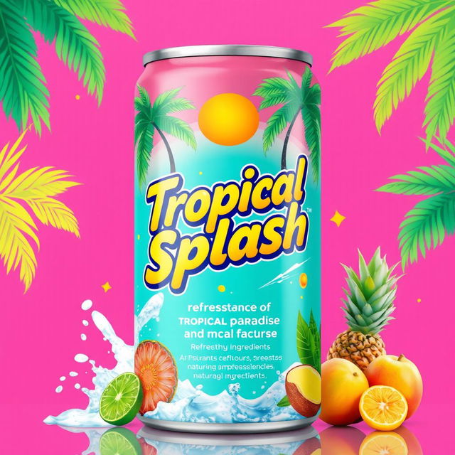 A vibrant and attractive product label design for 'Tropical Splash', featuring a refreshing drink that evokes the essence of a tropical paradise