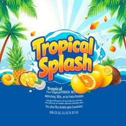 A vibrant and attractive product label design for 'Tropical Splash', featuring a refreshing drink that evokes the essence of a tropical paradise