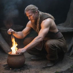 A close-up depiction of a Viking, flexible in gender and ethnicity, kneeling by a petite fire. They hold a clay pot brimming with smoldering tinder fungus, meticulously pouring liquid into it. Their expression manifests intense focus and determination.