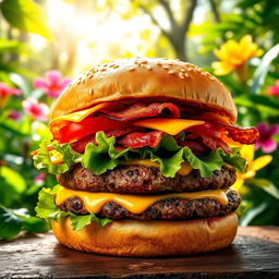 A vibrant image of a tantalizing burger with a thick, juicy beef patty, generously topped with fresh lettuce, ripe tomato slices, crispy bacon, and melted cheddar cheese, all nestled between a perfectly toasted sesame seed bun