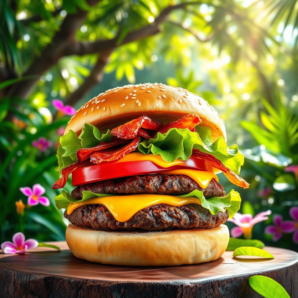 A vibrant image of a tantalizing burger with a thick, juicy beef patty, generously topped with fresh lettuce, ripe tomato slices, crispy bacon, and melted cheddar cheese, all nestled between a perfectly toasted sesame seed bun