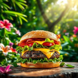 A vibrant image of a tantalizing burger with a thick, juicy beef patty, generously topped with fresh lettuce, ripe tomato slices, crispy bacon, and melted cheddar cheese, all nestled between a perfectly toasted sesame seed bun