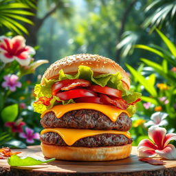 A vibrant image of a tantalizing burger with a thick, juicy beef patty, generously topped with fresh lettuce, ripe tomato slices, crispy bacon, and melted cheddar cheese, all nestled between a perfectly toasted sesame seed bun