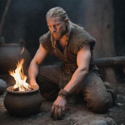 A close-up depiction of a Viking, flexible in gender and ethnicity, kneeling by a petite fire. They hold a clay pot brimming with smoldering tinder fungus, meticulously pouring liquid into it. Their expression manifests intense focus and determination.