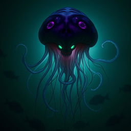 A sinister, jellyfish-like aberration floating through the deep, dark waters, its long, translucent tentacles undulating ominously