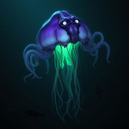 A sinister, jellyfish-like aberration floating through the deep, dark waters, its long, translucent tentacles undulating ominously