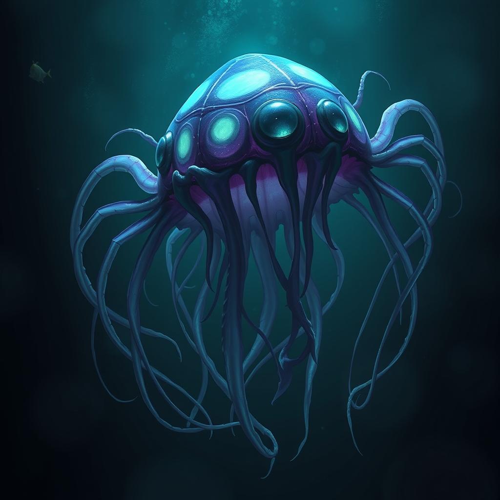 A sinister, jellyfish-like aberration floating through the deep, dark waters, its long, translucent tentacles undulating ominously