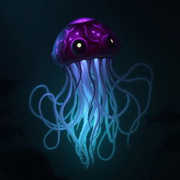 A sinister, jellyfish-like aberration floating through the deep, dark waters, its long, translucent tentacles undulating ominously