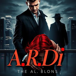 A captivating book cover in the dark romance genre, featuring a wealthy, dominant man and a defenseless woman with striking red hair, set against a modern nighttime cityscape