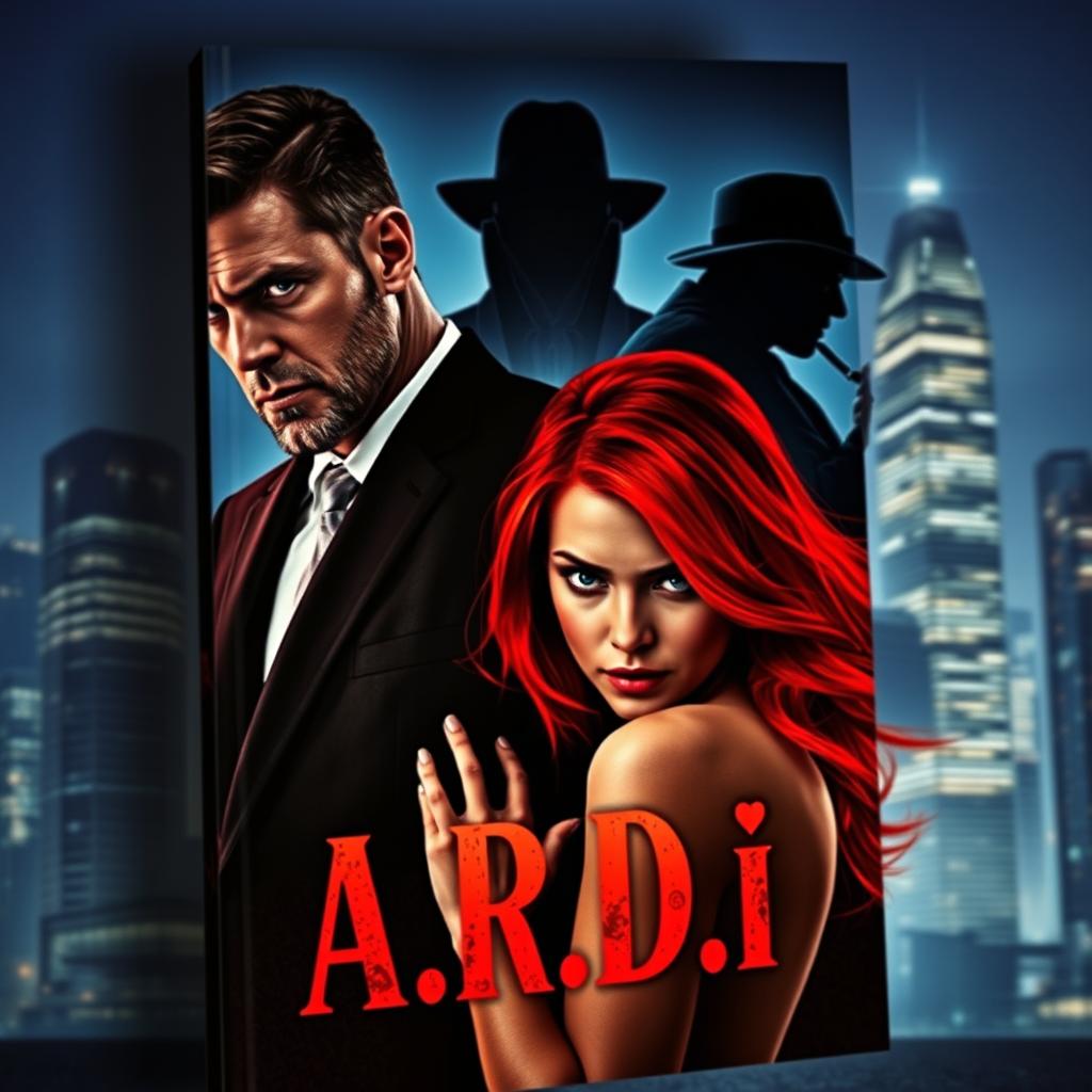 A captivating book cover in the dark romance genre, featuring a wealthy, dominant man and a defenseless woman with striking red hair, set against a modern nighttime cityscape