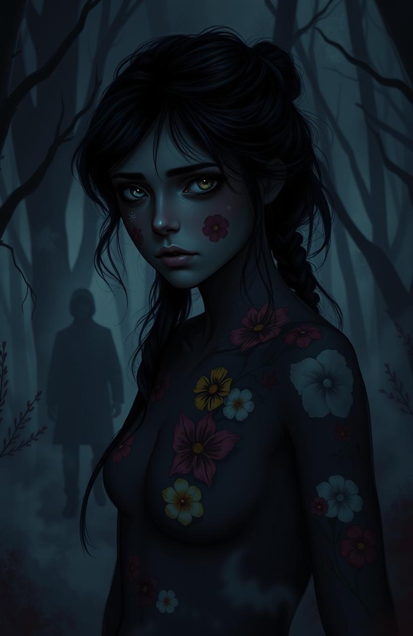 A dark, mysterious scene depicting a young woman with multiple colorful flower markings on her body, prominently featuring her left eye with a distinct floral pattern