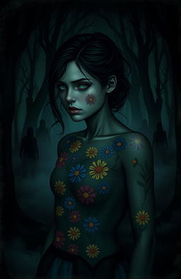 A dark, mysterious scene depicting a young woman with multiple colorful flower markings on her body, prominently featuring her left eye with a distinct floral pattern