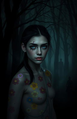 A dark, mysterious scene depicting a young woman with multiple colorful flower markings on her body, prominently featuring her left eye with a distinct floral pattern