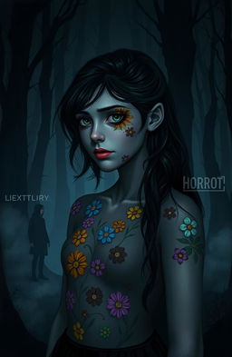 A dark, mysterious scene depicting a young woman with multiple colorful flower markings on her body, prominently featuring her left eye with a distinct floral pattern