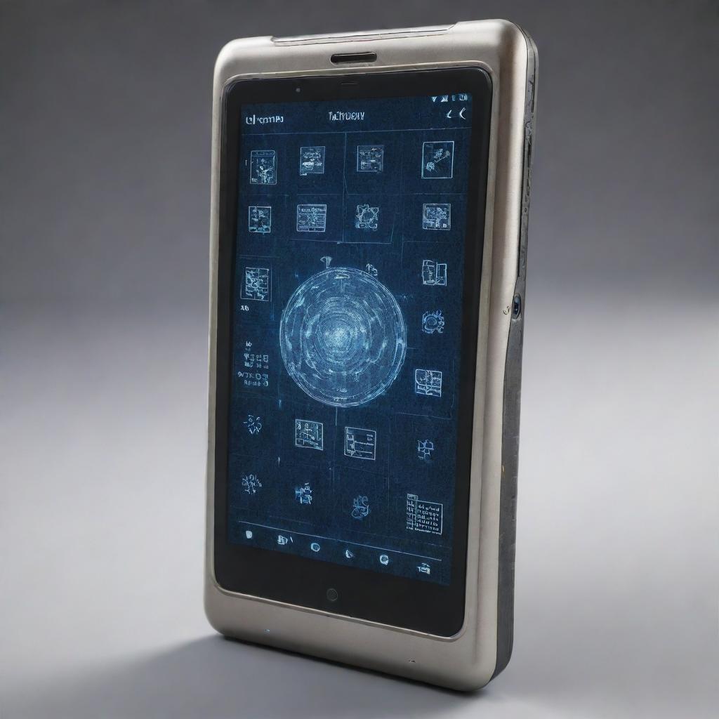 A smartphone from 100,000 years in the future, possibly a non-physical, mind-integrated device showcasing advanced AI and communications technology.