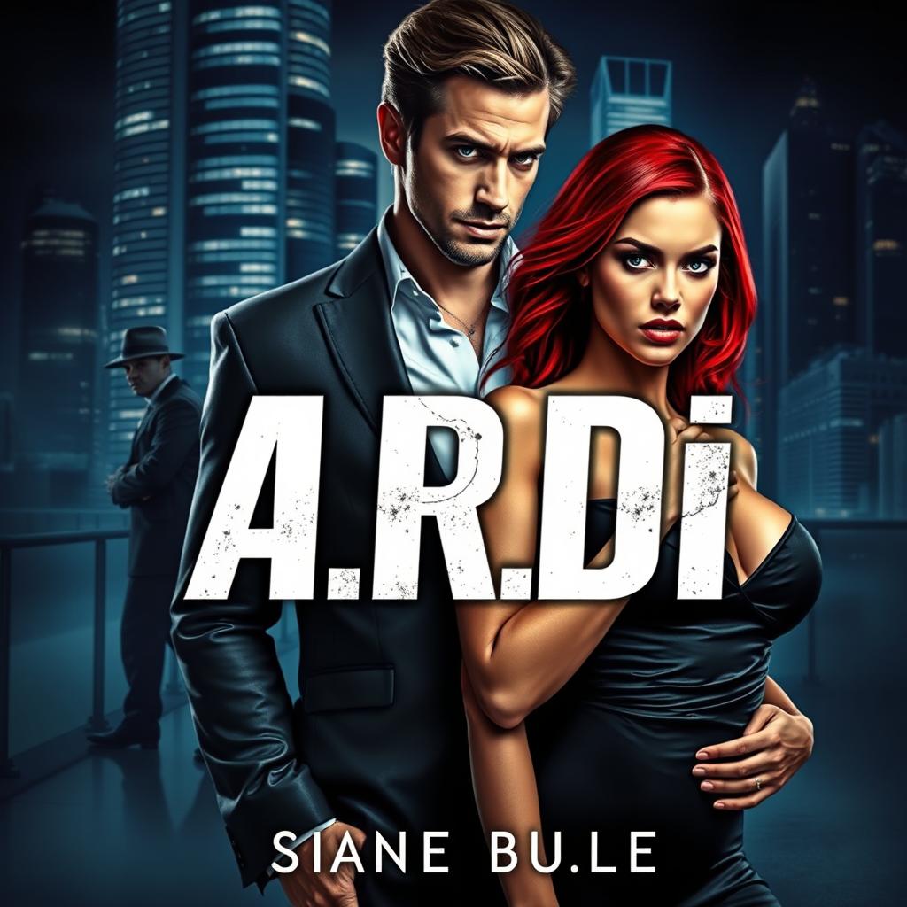 A captivating book cover designed in the dark romance genre, featuring a wealthy, dominant man alongside a defenseless woman with striking red hair, set against a modern backdrop of a nighttime city