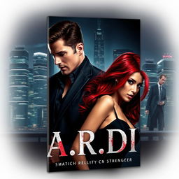 A captivating book cover designed in the dark romance genre, featuring a wealthy, dominant man alongside a defenseless woman with striking red hair, set against a modern backdrop of a nighttime city