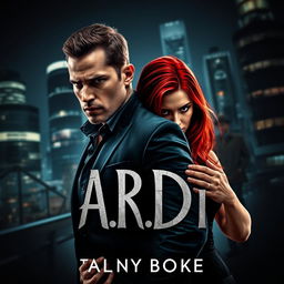 A captivating book cover designed in the dark romance genre, featuring a wealthy, dominant man alongside a defenseless woman with striking red hair, set against a modern backdrop of a nighttime city