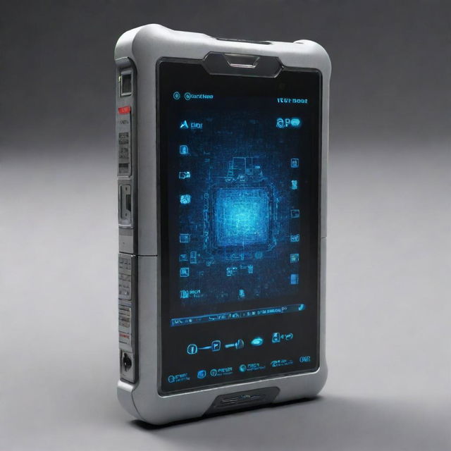 A smartphone from 100,000 years in the future, possibly a non-physical, mind-integrated device showcasing advanced AI and communications technology.