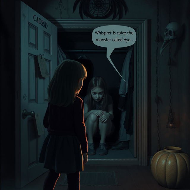 A tense and atmospheric scene inside a spooky, dimly lit room filled with shadows and eerie decorations