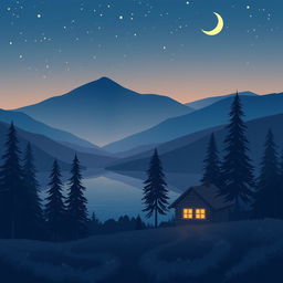 A cozy, dreamy landscape illustrating a serene night scene perfect for a lofi music cover, featuring a tranquil lake reflecting stars and a soft crescent moon