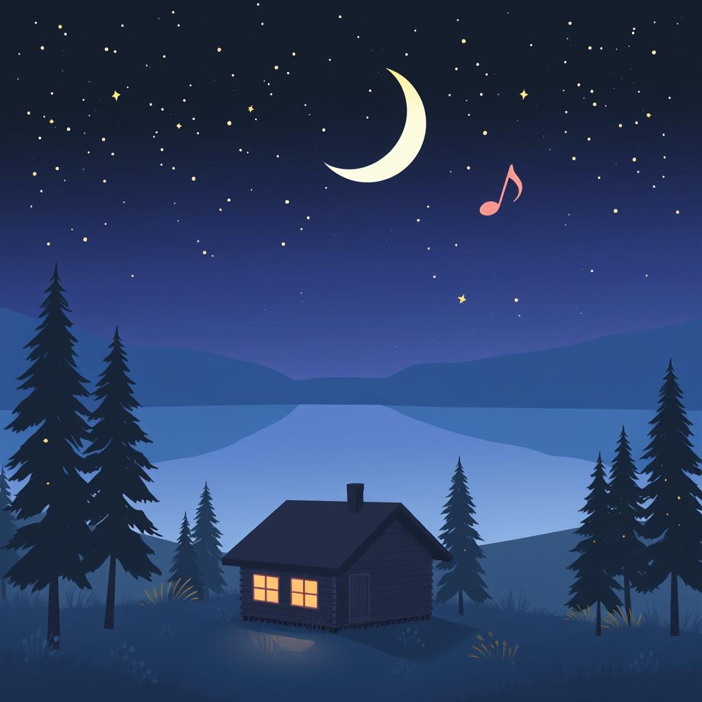 A cozy, dreamy landscape illustrating a serene night scene perfect for a lofi music cover, featuring a tranquil lake reflecting stars and a soft crescent moon