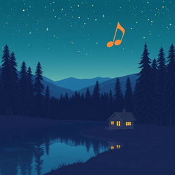 A cozy, dreamy landscape illustrating a serene night scene perfect for a lofi music cover, featuring a tranquil lake reflecting stars and a soft crescent moon