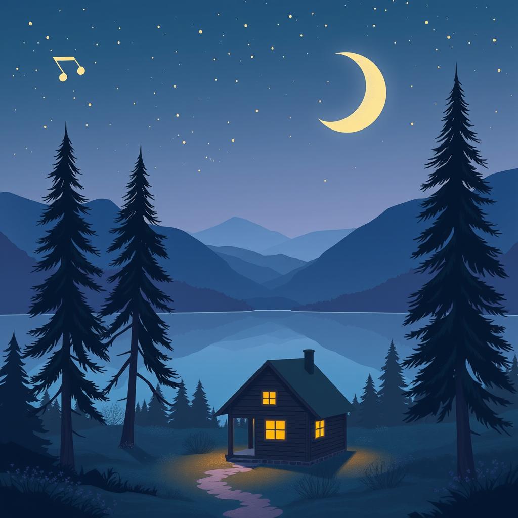 A cozy, dreamy landscape illustrating a serene night scene perfect for a lofi music cover, featuring a tranquil lake reflecting stars and a soft crescent moon