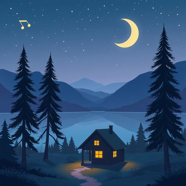 A cozy, dreamy landscape illustrating a serene night scene perfect for a lofi music cover, featuring a tranquil lake reflecting stars and a soft crescent moon